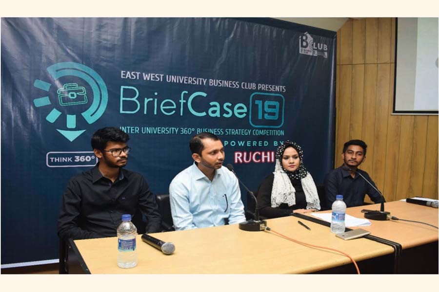 (From left) Murtaza Nasir, brand executive of Square Food and Beverage, MA Mahmud, senior brand manager of the company, moderator Silvia Akter, assistant professor, East West University, and Omor Faruk Rubel, president of East West University Business Club, present in the press briefing on the competition ‘BriefCase 2019’