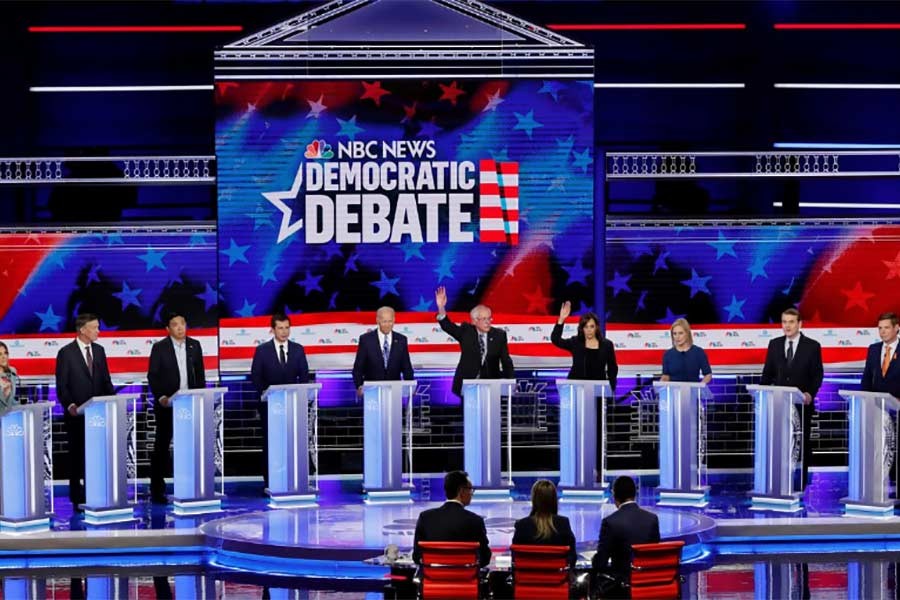 Democratic US 2020 election presidential candidates participating the second night of the first Democratic presidential candidates debate in Miami of Florida in USA last month. -Reuters Photo