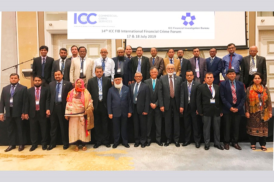 ICC Bangladesh president Mahbubur Rahman (sixth from left); ICC Malaysia chairman Chew Phye Keat (sixth from right); ICC Bangladesh secretary general Ataur Rhman (fifth from right) and director and chief of ICC Commercial Crime Services P Mukundan (seventh from left) are seen at the International Financial Crime Forum 2019 recently held in Kuala Lumpur