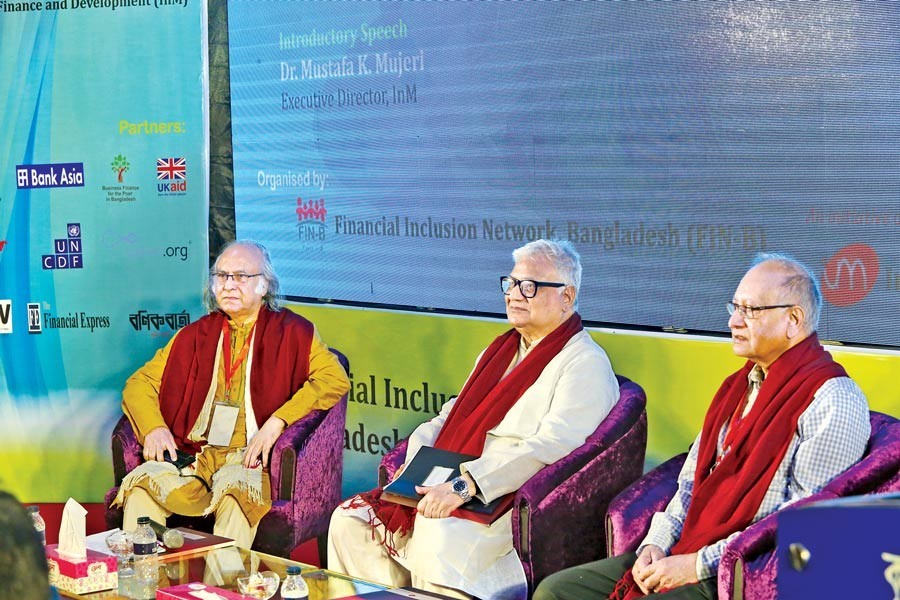 (From left) Dr Qazi Kholiquzzaman Ahmad, chairman of Institute for Inclusive Finance and Development (InM), Dr Mashiur Rahman, economic affairs adviser to the prime minister, and Dr Mustafa K Mujeri, executive director of InM, at the inaugural ceremony of the 1st FIN-B International Conference and Inclusion Fair 2019 at the Krishibid Institution in the city on Tuesday — FE photo