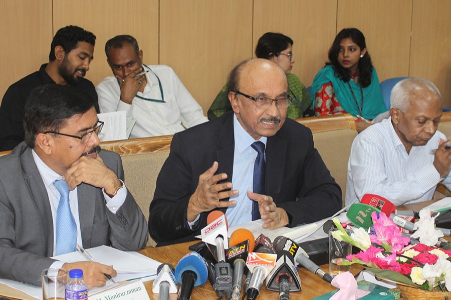 The Bangladesh Bank Governor Fazle Kabir speaking at a press conference after formally unveiling the monetary policy statement (MPS) for fiscal year 2019-20 — Focus Bangla photo