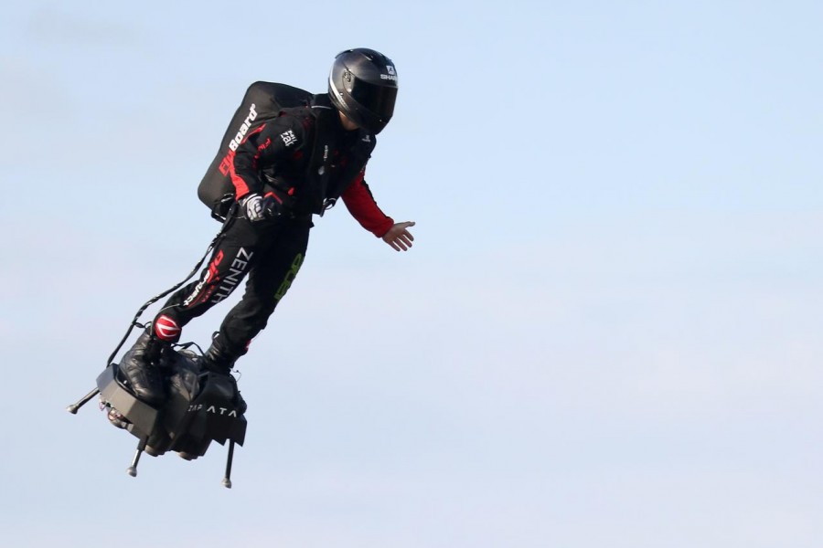 World News August 4, 2019 / 12:46 PM / Updated 9 minutes ago French 'Flying Man' crosses Channel on jet-powered hoverboard  2 Min Read  French inventor Franky Zapata takes off on a Flyboard for a second attempt to cross the English channel from Sangatte to Dover, in Sangatte, France, August 4, 2019 - REUTERS/Yves Herman