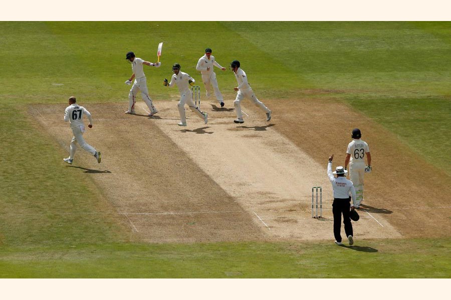 England's Joe Root is dismissed after being caught out by Australia's Cameron Bancroft off the bowling of Nathan Lyon during play on the fifth day of the first Ashes cricket Test match at Edgbaston in Birmingham, central England on Monday	— Reuters