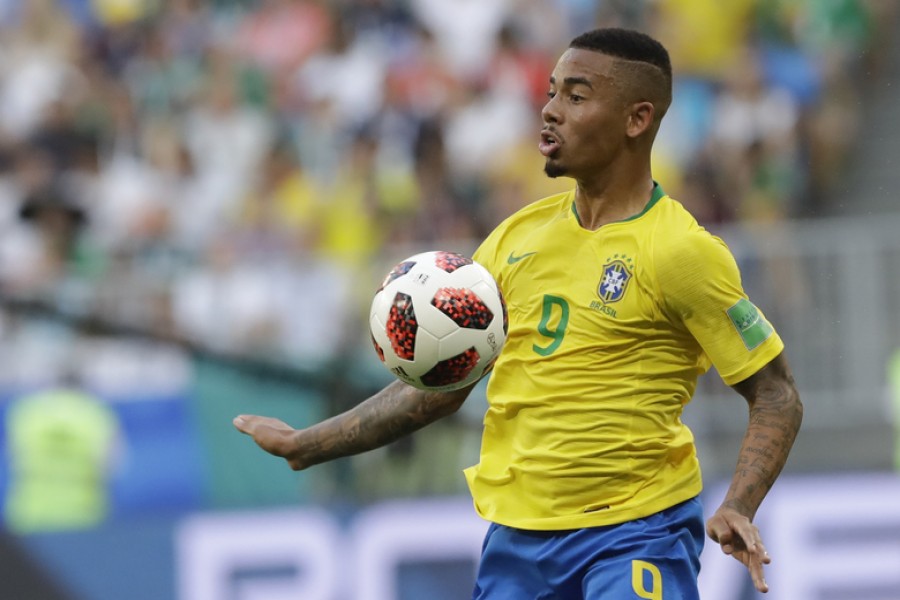 In this file photo dated Monday, July 2, 2018, Brazil’s Gabriel Jesus controls the ball during the round of 16 match between Brazil and Mexico at the 2018 soccer World Cup at the Samara Arena, in Samara, Russia. Brazil forward Gabriel Jesus extended his Manchester City contract on Friday Aug. 3, 2018, to 2023, adding two more years to his previous deal - AP Photo/Andre Penner, FILE