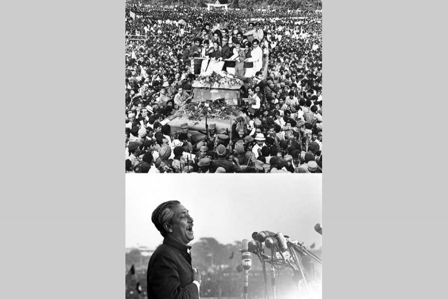 (Top) Hundreds of thousands of people welcome  Bangabandhu Sheikh Mujibur Rahman on his home-coming on January 10, 1972; (bottom) emotion takes over him while addressing at the Suhrawardy Udyan. - Photo courtesy: Rashid Talukder (top); Marilyn Silverstone (bottom) via the Internet