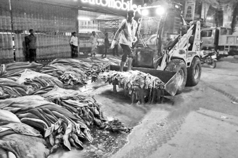 Chattogram City Corporation workers on Tuesday remove piles of rawhide left behind by seasonal traders in Agrabad area of the port city as wholesalers offered them a very low price for the rawhide — Banglanews24.com