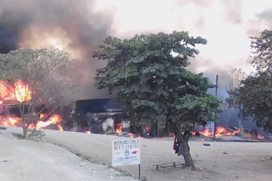 The fire engulfed dozens of shops at Kyambura trading centre in western Uganda after a fuel truck rammed into two commuter taxis and exploded on August 18, 2019 - Photo: DAILY MONITOR