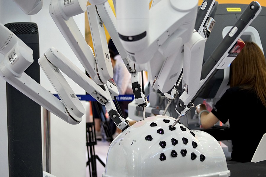 A robot for minimally invasive surgery exhibited at the World Robot Exhibition, part of the 2019 World Robot Conference, in Beijing