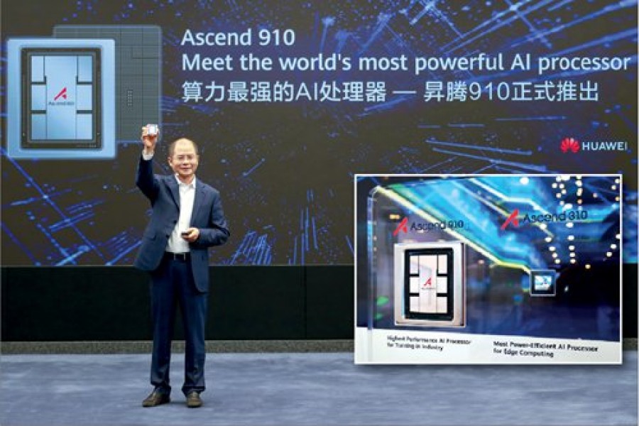 Eric Xu Zhijun, Huawei's rotating chairman, announces the release of the Ascend 910 AI processor and MindSpore AI computing framework on Friday. - Huawei photo