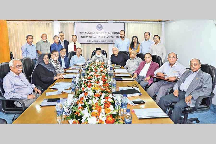 A view of the 20th annual general meeting for the fiscal year 2018-19 of the International Publications Limited (IPL), the owning company of The Financial Express (FE), held in the IPL board room in the city on Saturday. The meeting was presided over by IPL Chairman Mahbubur Rahman (seated, sixth from left) — FE photo