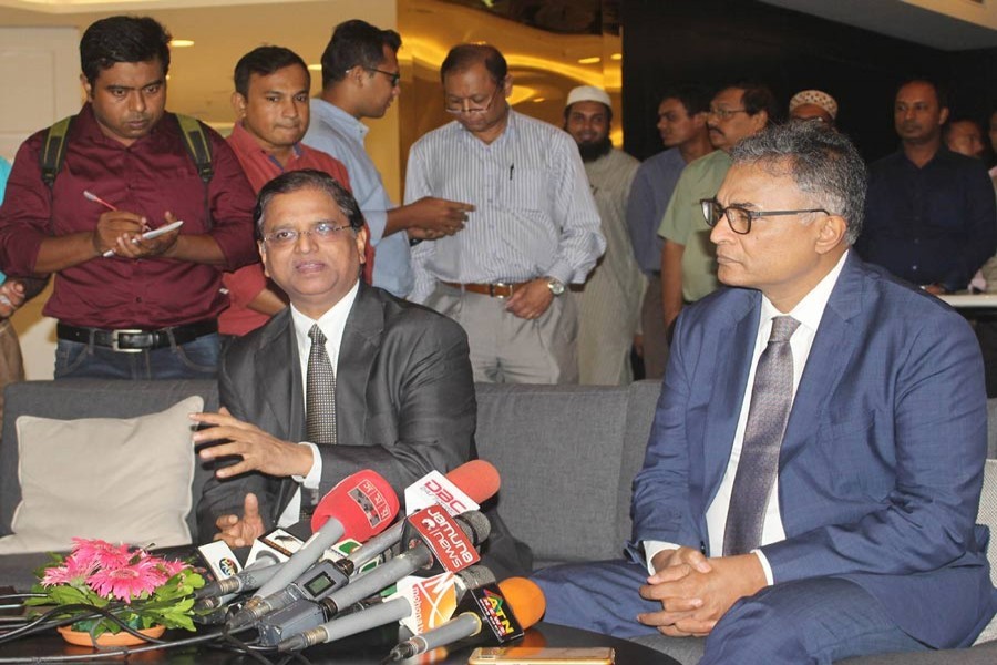 India's Power Secretary Subhash Chandra Garg (left) speaking at a joint press briefing after the 17th Bangladesh-India joint steering committee meeting at a city hotel on Monday. Power Division senior secretary Dr Ahmad Kaikaus was also present — Focus Bangla