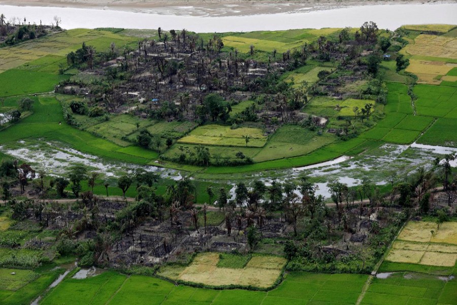 Aerial view of a burned Rohingya village near Maungdaw, north of Rakhine State, Myanmar, September 27, 2017. Reuters/Files