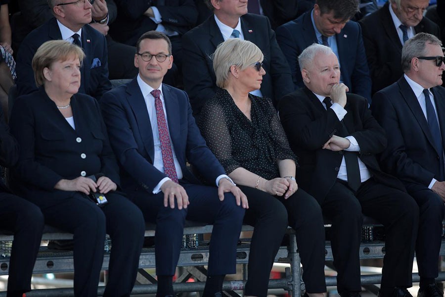 Germany's Chancellor Angela Merkel, Poland's Prime Minister Mateusz Morawiecki, head of the Constitution Tribunal Julia Przylebska and Law and Justice (PiS) leader Jaroslaw Kaczynski attending a commemorative ceremony to mark the 80th anniversary of the outbreak of World War Two in Warsaw of Poland on Sunday. -Reuters Photo