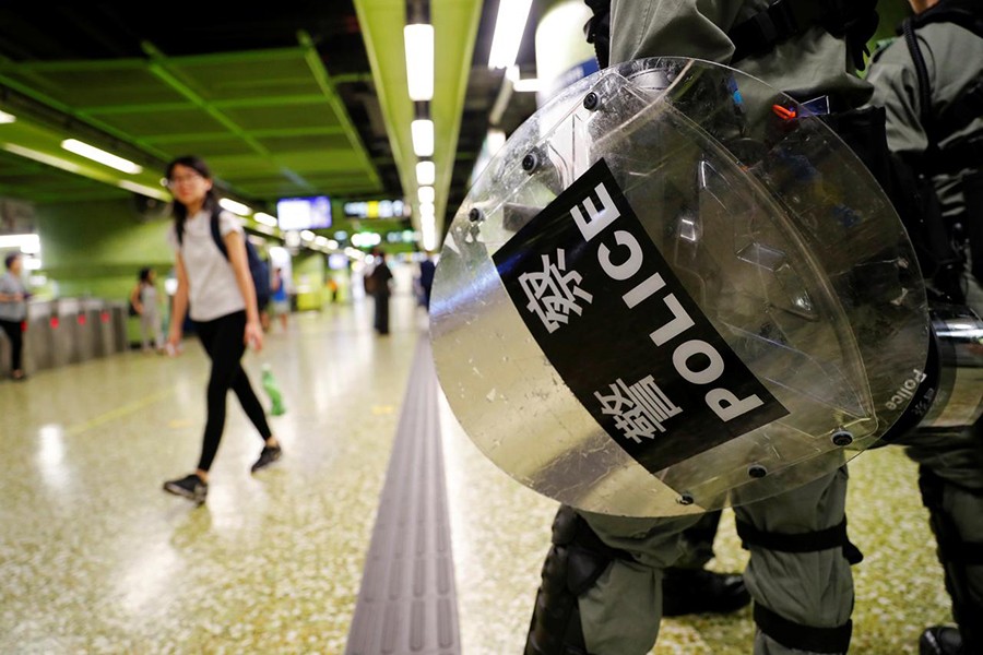 A riot police holds his shield at a Mass Transit Railway (MTR) station in Hong Kong, China on September 2, 2019 — Reuters photo