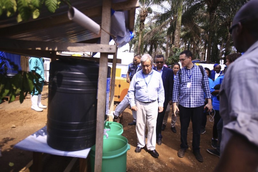 United Nations Secretary-General Antonio Guterres visits an Ebola center in Beni, eastern Congo Sunday, Sept. 1, 2019. Guterres is starting a three-day visit to Congo to see the work of UN peacekeepers, work on disarmament and reintegration of ex-combatants, and efforts to stop the spread of the Ebola virus. (AP Photo/Al-hadji Kudra Maliro)