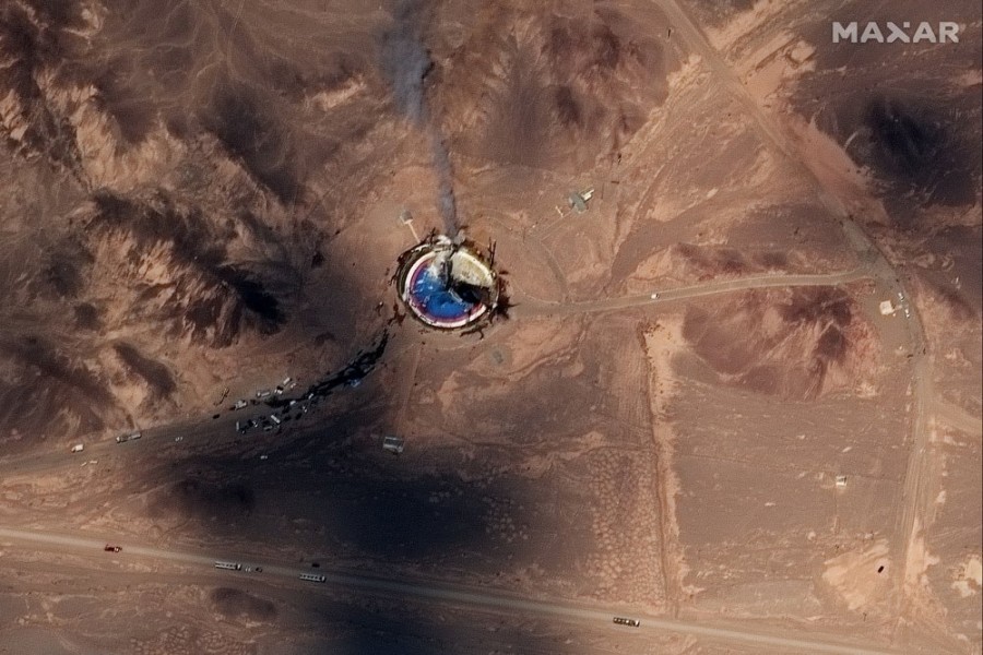 This satellite image from Maxar Technologies shows a fire at a rocket launch pad at the Imam Khomeini Space Center in Iran's Semnan province, Thursday, Aug. 29, 2019. Satellite images released Thursday show the smoldering remains of a rocket at a Iran space center that was to conduct a U.S.-criticized satellite launch. (Satellite image ©2019 Maxar Technologies via AP)