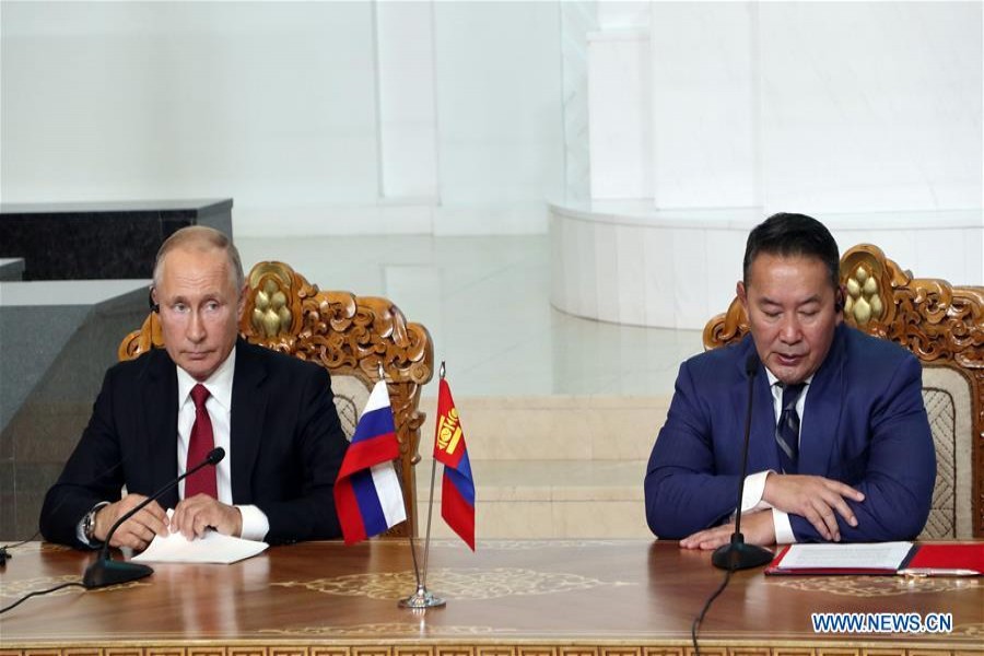 Russian President Vladimir Putin (L) and Mongolian President Khaltmaa Battulga attend a press conference in Ulan Bator, Mongolia, Sept. 3, 2019. Mongolia and Russia on Tuesday signed a permanent treaty on friendly relations and lifted bilateral ties to a comprehensive strategic partnership. (Xinhua/Asigang)