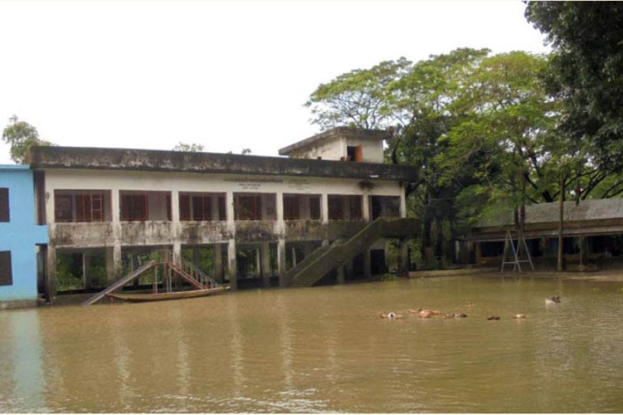 Inundated playground of Berajali Government Primary School in Sunamganj Sadar upazila 	— FE Photo