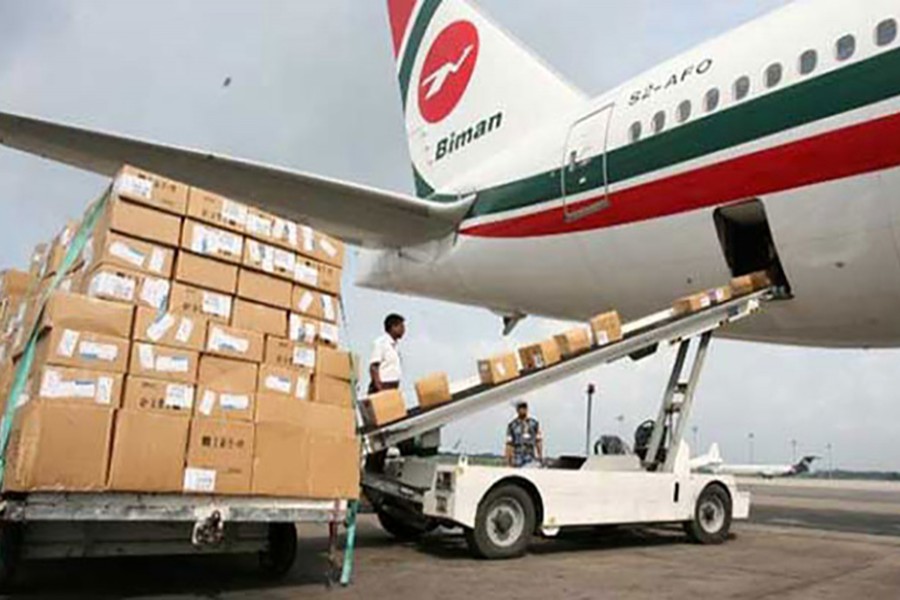Cargo being loaded onto an aircraft of Biman Bangladesh Airlines