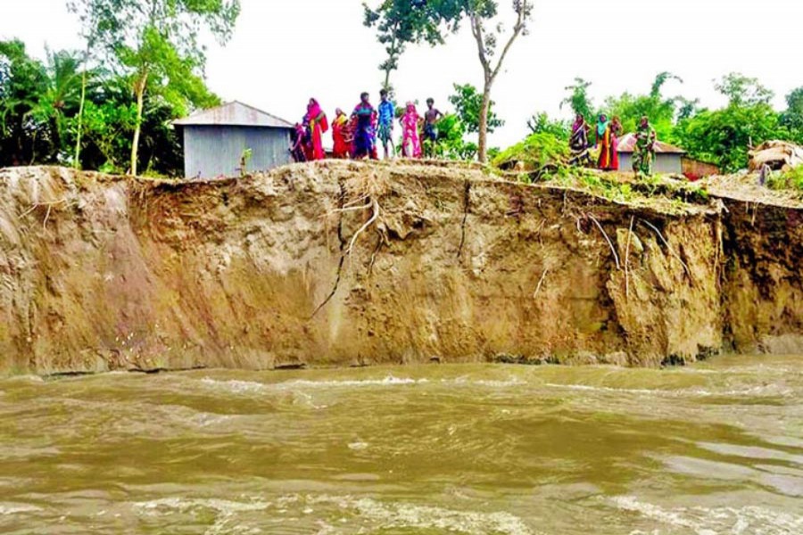 Erosion by the Jamuna river at Chouhali point in Sirajganj district has taken a serious turn. The photo was taken on Monday 	— FE Photo