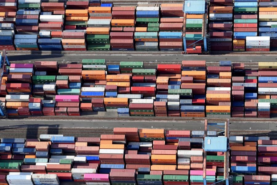 Aerial view of containers at a loading terminal in the port of Hamburg, Germany 	— Reuters
