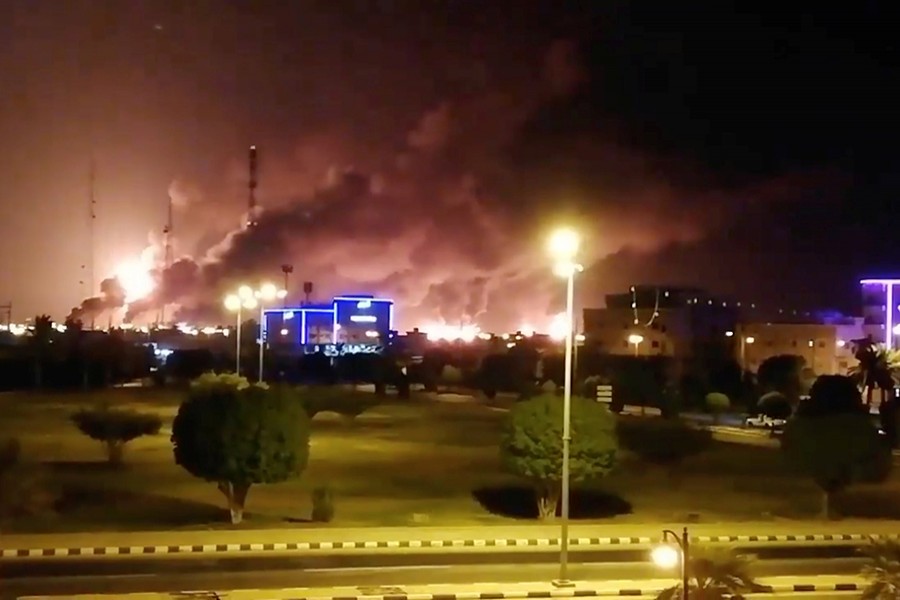 A fire rages at an Aramco factory in Abqaiq, Saudi Arabia on September 14, in this picture obtained from social media — via REUTERS