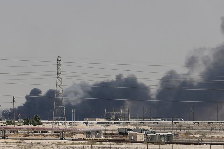 Smoke is seen following a fire at Aramco facility in the eastern city of Abqaiq, Saudi Arabia on Saturday. -Reuters photo