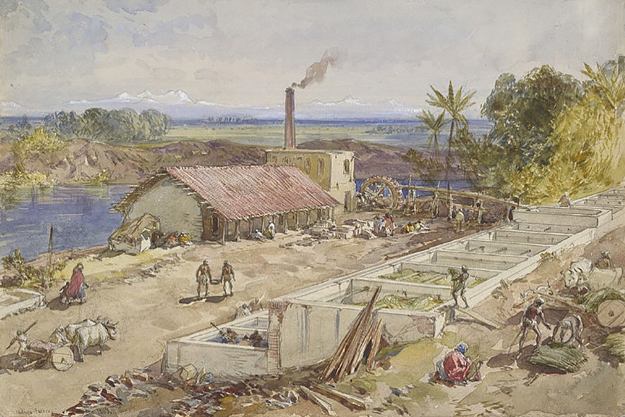 An artist's impression shows an indigo factory in Bengal, 1863. Photo courtesy: Wikimedia Commons