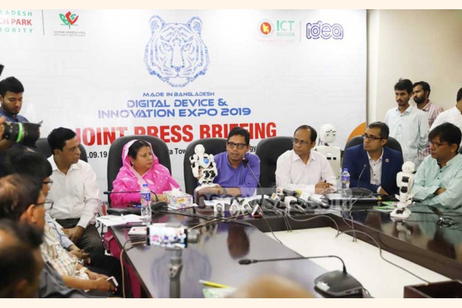 THE GOVERNMENT IS SET TO LAUNCH A PROJECT TO FUND THE ICT ENTREPRENEURS AIMING TO DEVELOP INNOVATIVE POTENTIALS OF YOUNG PEOPLE IN THE SECTOR: "Under the project to be called 'Bangabandhu Innovation Grant', each entrepreneur in hardware and R&D sector will receive the fund from Tk 1.0 million to Tk 50 million," said State Minister for ICT Zunaid Ahmed Palak while briefing the media on a three-day Digital Device and Innovation Expo in Dhaka on September 13, 2019.                  — Photo: bdnews24.com