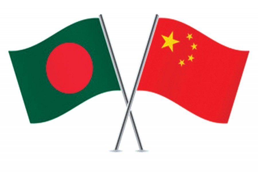 Flags of Bangladesh and China are seen cross-pinned in this photo symbolising friendship between the two nations