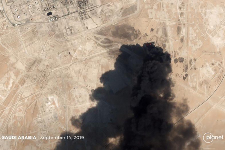 A satellite image shows an apparent drone strike on an Aramco oil facility in Abqaiq, Saudi Arabia on September 14, 2019 — Planet Labs Inc/Handout via REUTERS