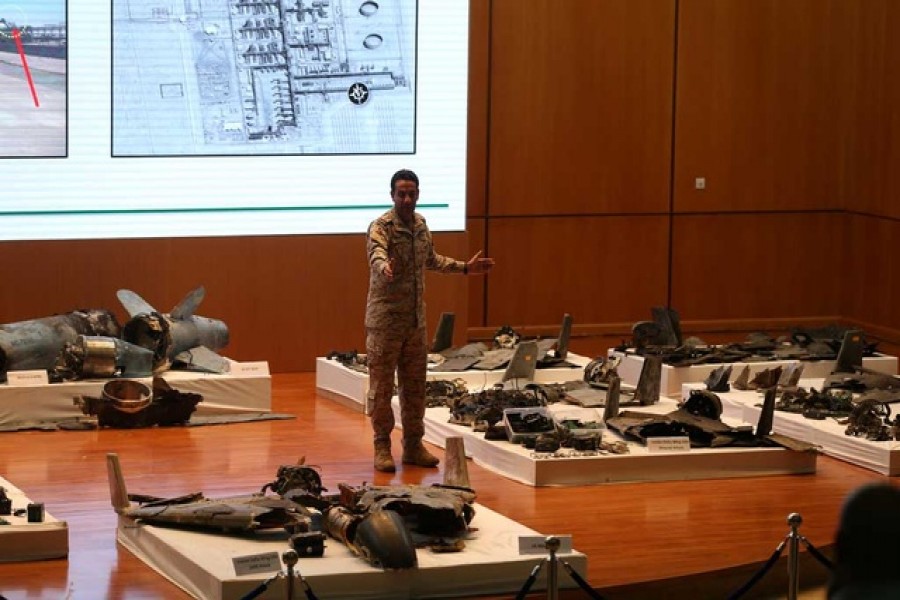 Saudi defence ministry spokesman Colonel Turki Al-Malik displays remains of the missiles which Saudi government says were used to attack an Aramco oil facility, during a news conference in Riyadh, Saudi Arabia September 18, 2019. Reuters