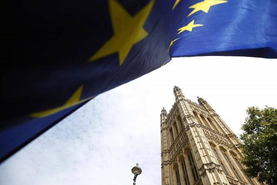 A flag of the European Union is pictured outside the Houses of the Parliament in London, Britain, August 28, 2019. Reuters