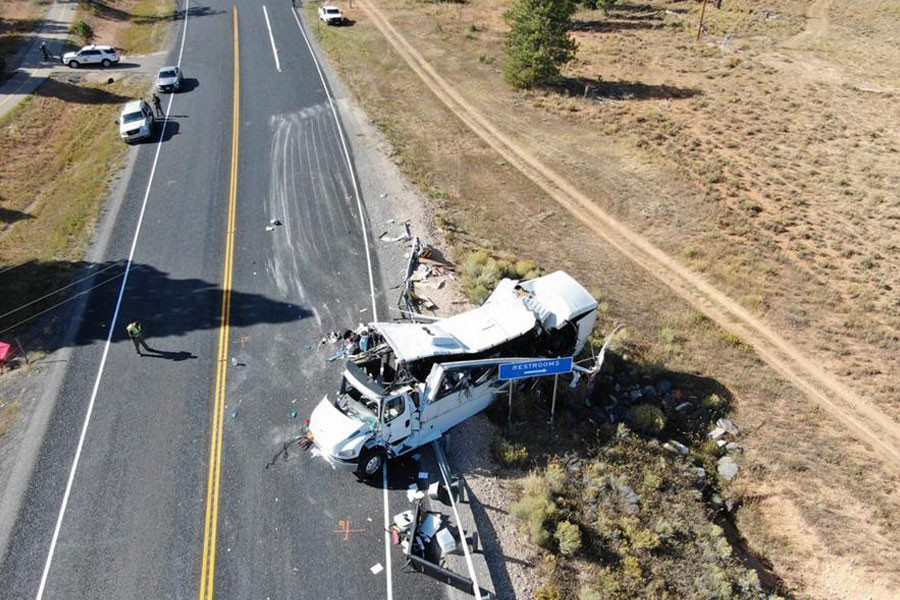 Photo provided by Utah Highway Patrol on Sept 20, 2019 shows the bus crash scene near the Bryce Canyon National Park in Utah, the United States