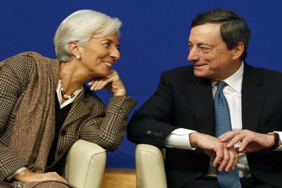 Outgoing president of the European Central Bank Mario Draghi (left) and Christine Lagarde (right) who resigned from the chairmanship of the International Monetary Fund on September 12, following her nomination  as the president of the ECB.  -Reuters  photo