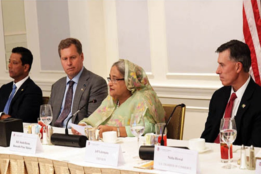 Prime Minister Sheikh Hasina speaks at a “Luncheon Roundtable Meeting” organised by the US Chamber of Commerce at Lotte New York Palace Hotel in New York on Thursday (local time) -- BSS