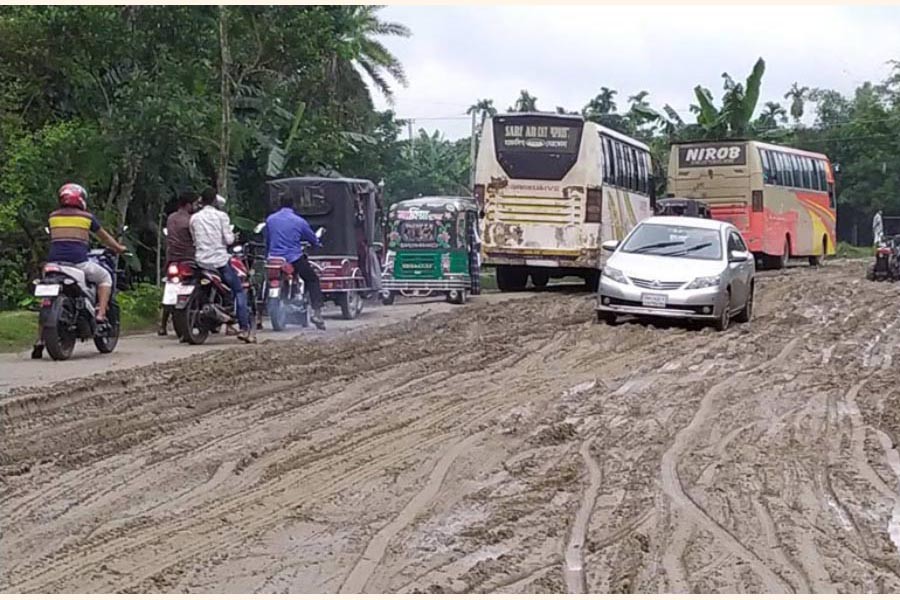 A partial view of the dilapidated condition of the Mymensingh road