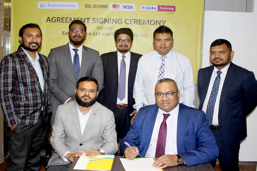 M Khorshed Anowar, head of Retail & SME Banking of EBL (right, seated) and Mohammad Mofidul Alam, head of Training of Bdjobs.com Ltd (left, seated) signed the agreement at a ceremony recently