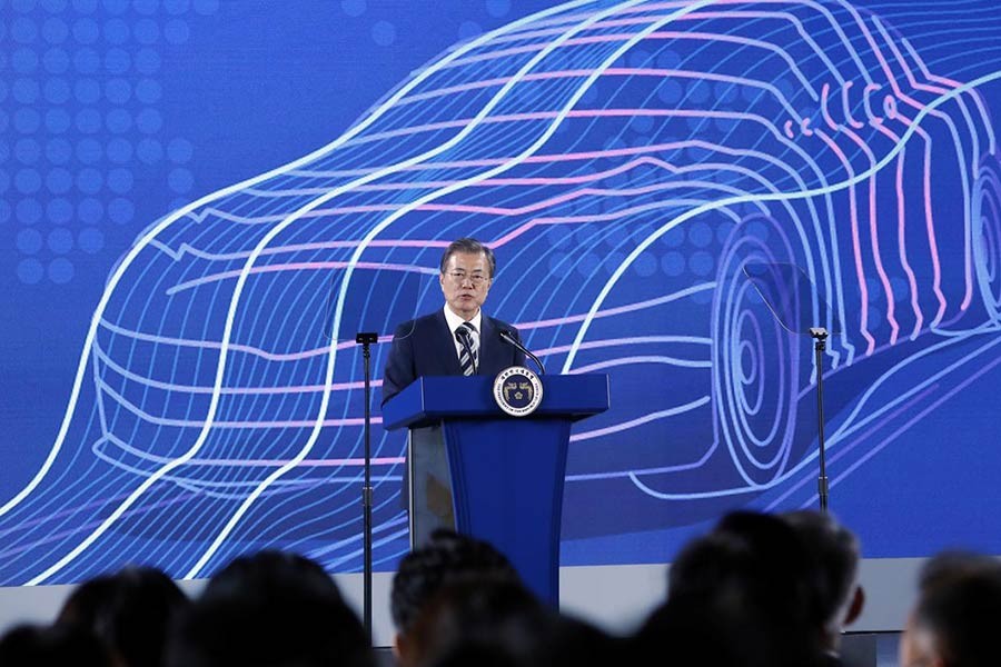 South Korean President Moon Jae-in delivering his speech during a ceremony declaring country's vision to lead future mobility tech in Hwaseong of South Korea on Tuesday. -Reuters Photo