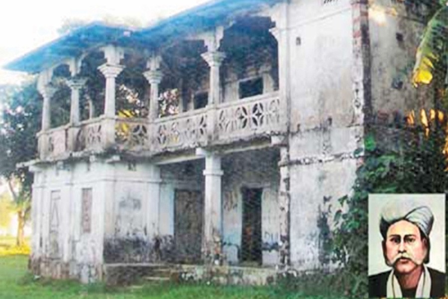 The ancestral home of Hason Raja (inset) at Rampasha village under Biswanath upazila of Sylhet district   	— FE Photo