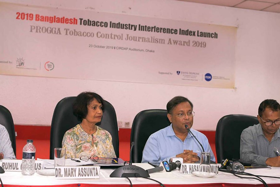 Information Minister Dr Hasan Mahmud addressing a meeting of anti-tobacco alliance at an auditorium of Centre on Integrated Rural Development for Asia and the Pacific (CIRDUP) in the capital on Wednesday. -PID Photo