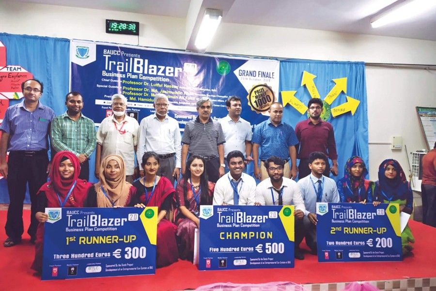 Winners, guests and judges of TrailBlazer 2.0--arranged by Bangladesh Agricultural University Career Club (BAUCC)  in a single frame