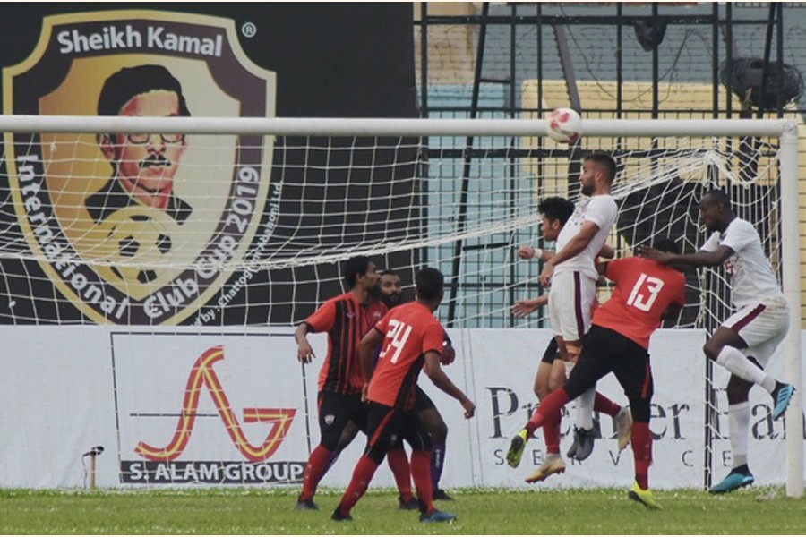 Players of Young Elephants Football Club and TC Sports Club fighting for ball at the third edition Sheikh Kamal International Club Cup Football Tournament at the MA Aziz Stadium in Chattogram on Friday 	— bdnews24.com