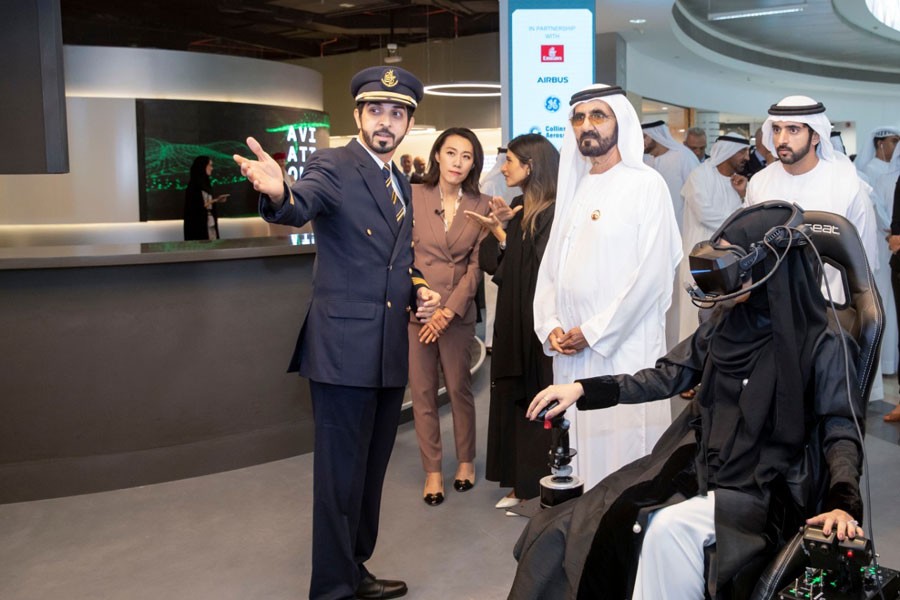 Sheikh Mohammed bin Rashid Al Maktoum, vice president and prime minister of the UAE and ruler of Dubai and  Sheikh Hamdan bin Mohammed bin Rashid Al Maktoum, crown prince and chairman of the Dubai Executive Council, watched Thales’demo of Solo, the virtual assistant to pilots