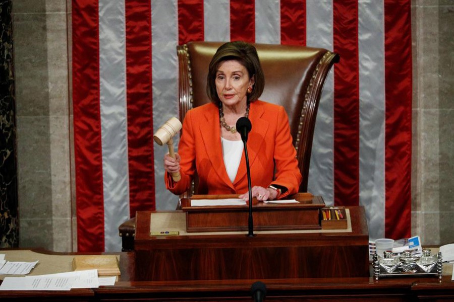Speaker of the House Nancy Pelosi wields the gavel as she presides over the US House of Representatives vote on a resolution that sets up the next steps in the impeachment inquiry of US President Donald Trump on Capitol Hill in Washington, US, October 31, 2019. Reuters
