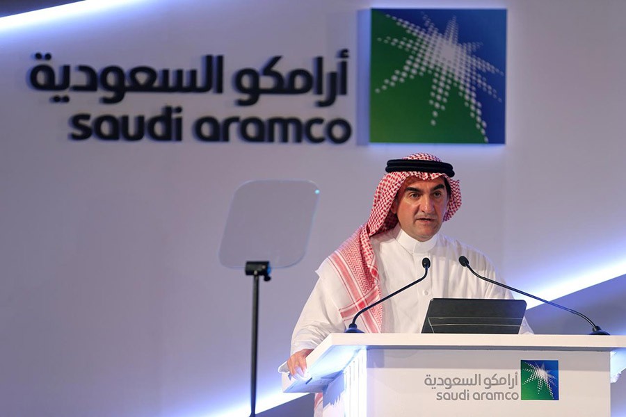 Yasser al-Rumayyan, Saudi Aramco's chairman, speaking during a news conference at the Plaza Conference Center in Dhahran in Saudi Arabia on Sunday. -Reuters Photo