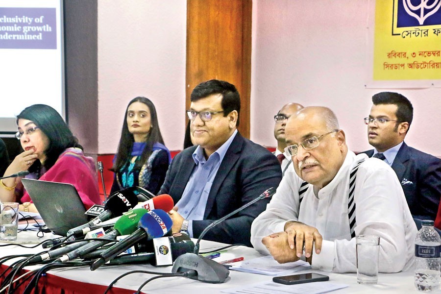 CPD distinguished fellow Dr Debapriya Bhattacharya speaking at a press conference in the city on Sunday — FE photo