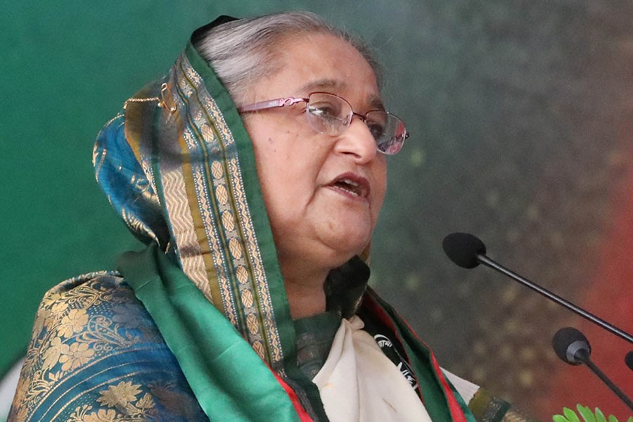 Prime Minister Sheikh Hasina addressing the 3rd national council of Awami Swechchhasebak League, an associate body of the ruling party, at Suhrawardy Udyan in Dhaka on Saturday. -Focus Bangla Photo