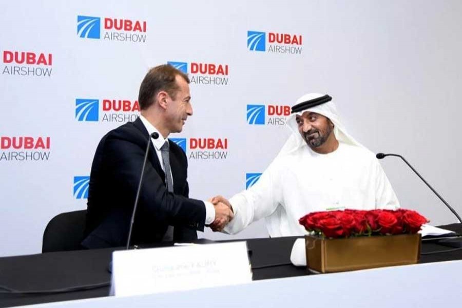 Sheikh Ahmed bin Saeed Al Maktoum, Emirates Chairman and Chief Executive and Guillaume Faury, Airbus Chief Executive Officer seen at the signing ceremony 