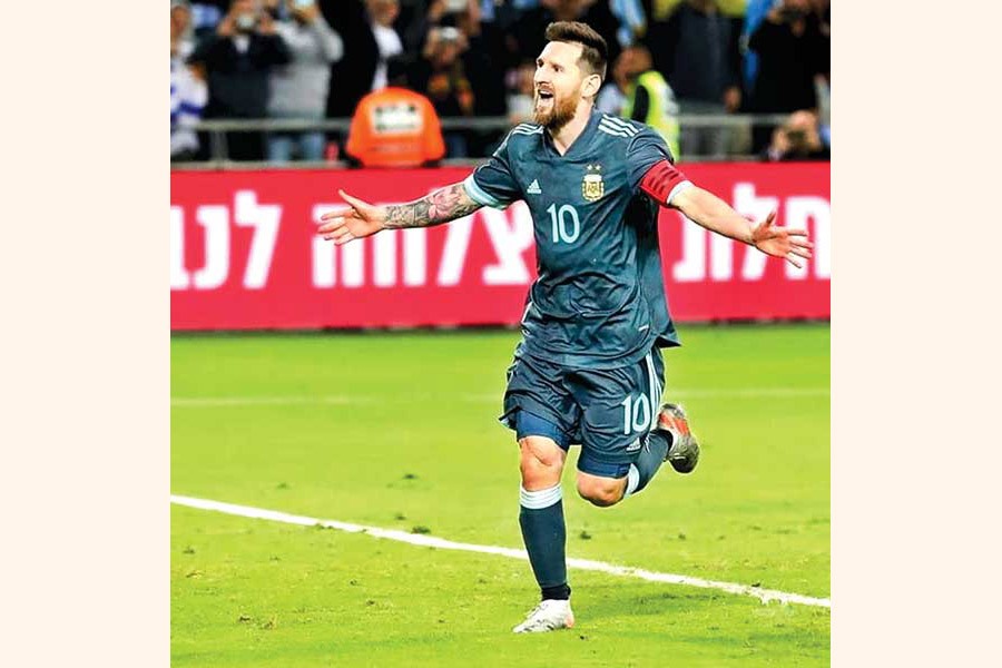 Argentina's Lionel Messi celebrating after scoring their second goal against Uruguay in the International Friendly at Bloomfield Stadium in Tel Aviv, Israel on Monday	— Internet